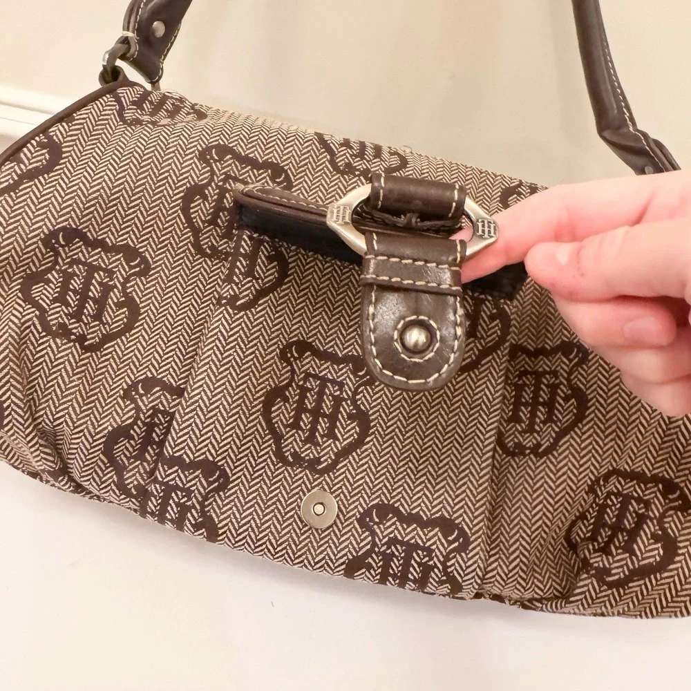 Vtg Y2K Tommy Hilfiger Logo Brown Purse Shoulder Bag Fall Herringbone‎ EUC